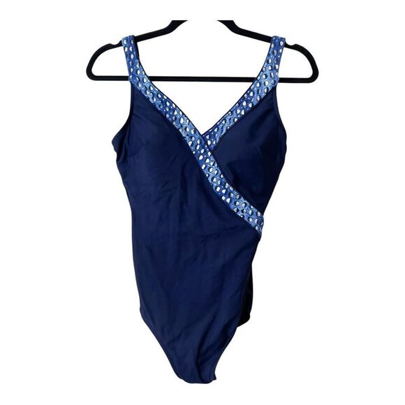 Roxanne Vintage Bra Sized Blue Metallic Silver One Piece Swimsuit Size 12/34C - Picture 1 of 6